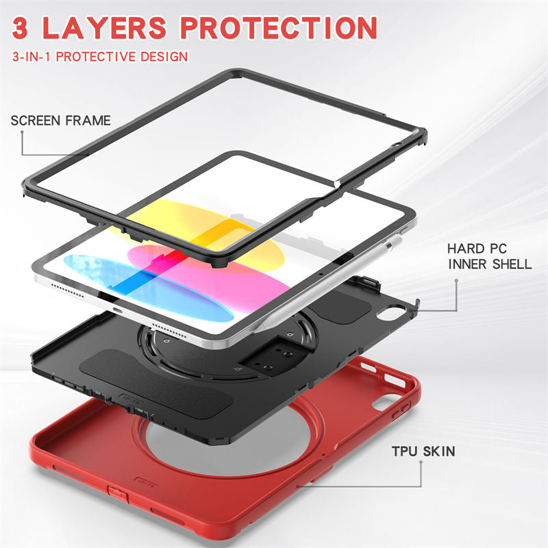 Tablet Case For iPad 10th with 360¡ã Kickstand/Hand Strap Shockproof-Red