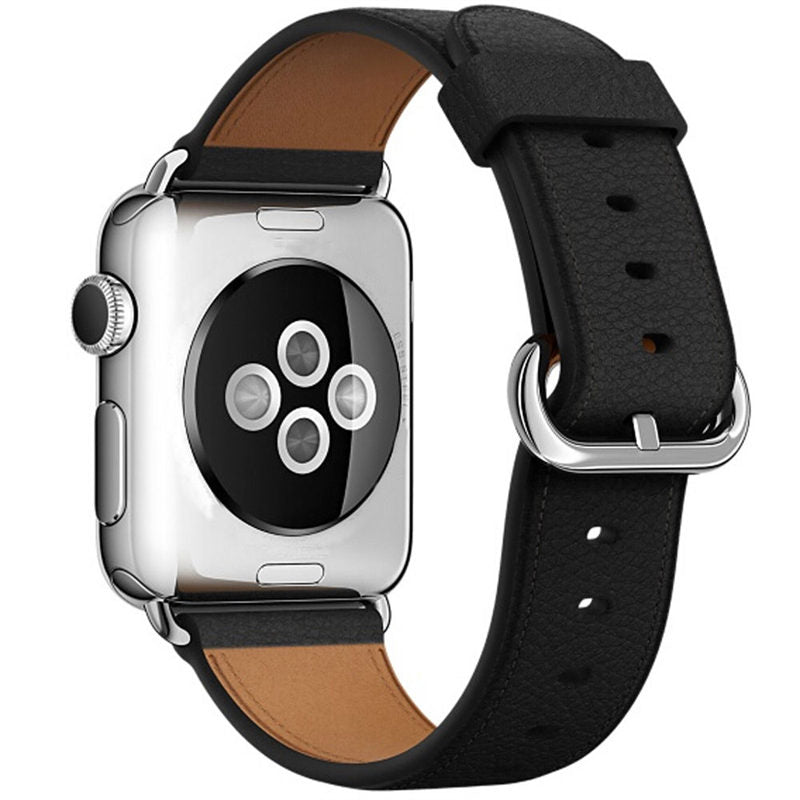 Litchi Pattern Leather Replacement Watch Band For iWatch Series SE/6/5/4/3/2/1-Black