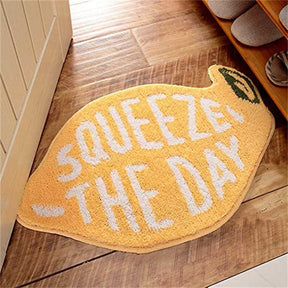 Bath Rug Lemon Shape with White Words Cartoon Plush Water Absorbent Bathroom Decor Non Slip Washable Rug