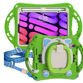 CatB Silicone Case For iPad Mini 6 Shockproof Shoulder Strap Handle Stand-Green
