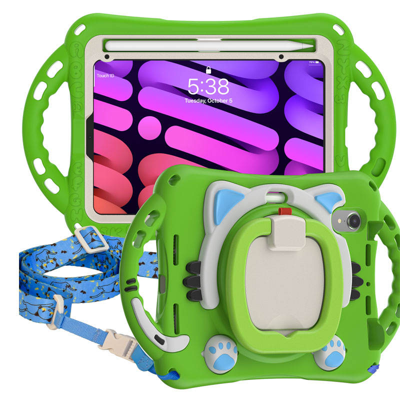 CatB Silicone Case For iPad Mini 6 Shockproof Shoulder Strap Handle Stand-Green