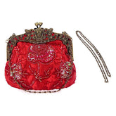 Womens Beaded Party Clutch Vintage Rose Purse-Red