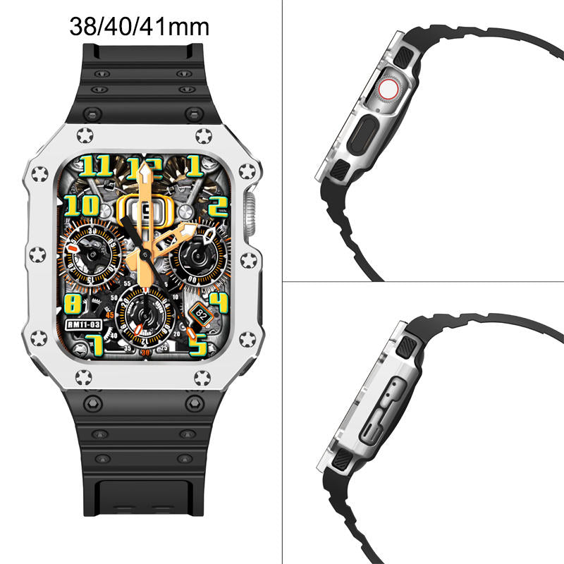 Sport Rugged Watchbands with Bumper Case Compatible for Apple Watch-Silver Black