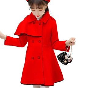 Girls Woolen Long Coat Jacket Autumn Winter Warm Trench England Style-Red