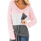 Womens Long Sleeve V-neck Autumn T-shirt Loose Top with Pockets-Pink