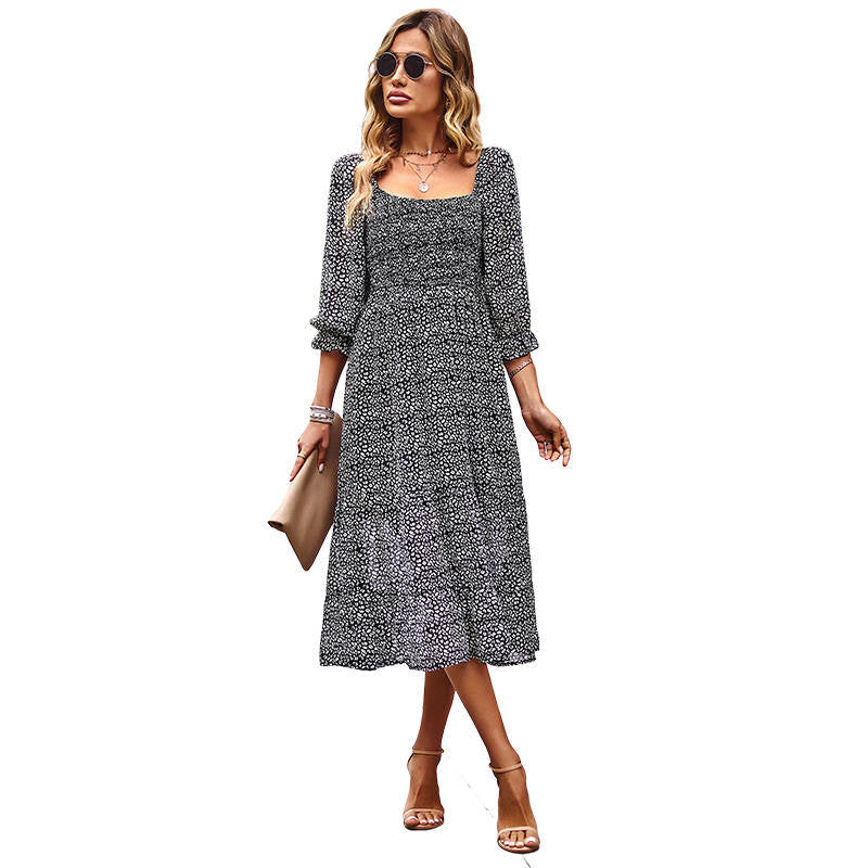 Women Casual Summer Dresses Square Neck Ruffle Floral Boho Maxi Dress-Black