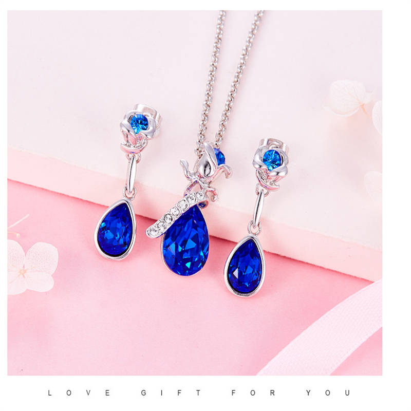 Rose Crystal Necklace and Earrings Set for Mom Wife-SilverBlue