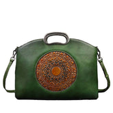 Leather Handbags for Women Vintage Embossing Totem Shoulder Bag-Green