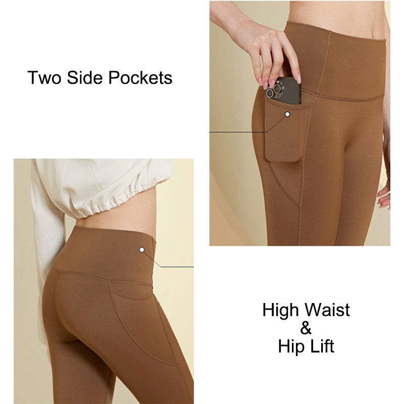 Womens Legging with Pockets High Waisted Fleece Lined Workout Pants-Coffee