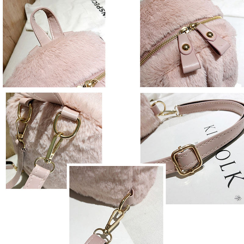 Women Cute Rabbit Ears Backpack Fluffy School Bag Satchel-Grey