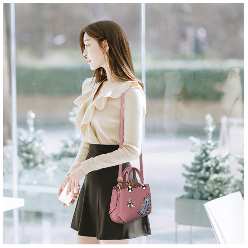 Women Satchel Bags Crossbody Embroidery Handbags-Pink