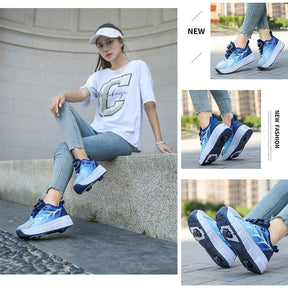 Kids Fashion Double Wheel Roller Skate Shoes Sneakers for Boys Girls-Navyblue