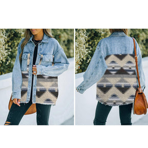 Aztec Denim Jacket for Women Distressed Lapel Long Sleeve Coat-Blue