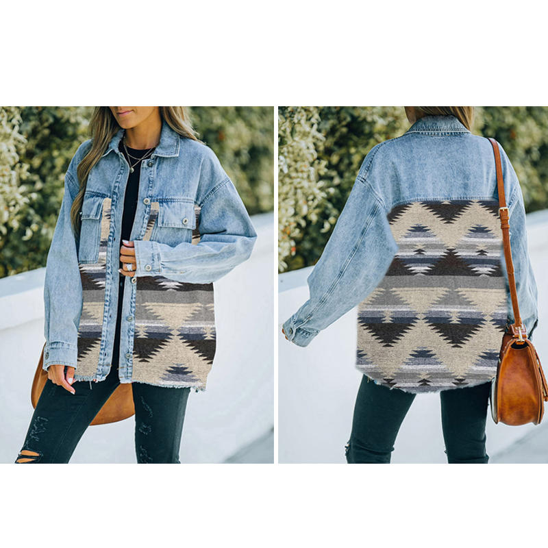 Aztec Denim Jacket for Women Distressed Lapel Long Sleeve Coat-Blue