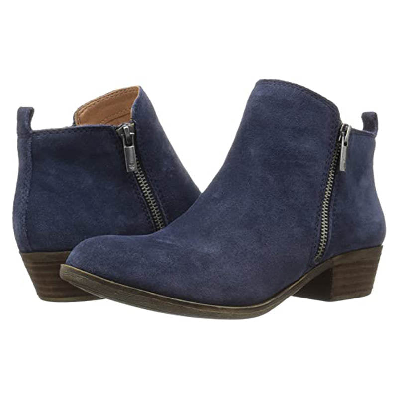 Womens Boots Low Heel Bootie Side Zipper-Blue