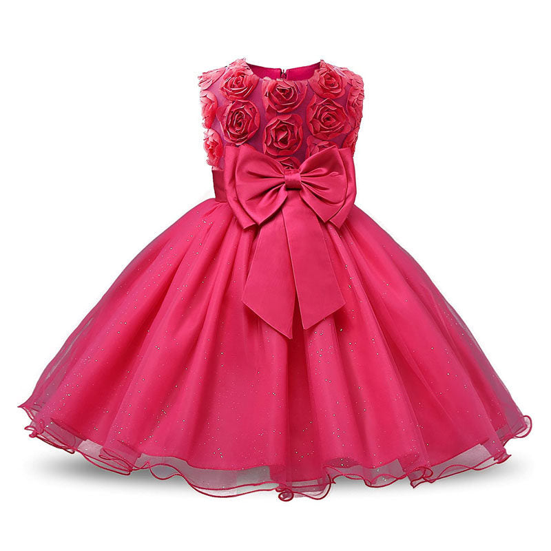 Girl Sleeveless Lace 3D Flower Tutu Holiday Princess Wedding Dresses-Rose Red