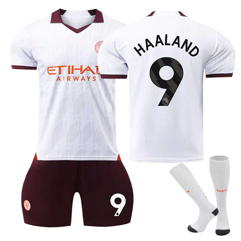 Manchester City Away Jersey HAALAND #9 Soccer Jersey Kids Adult 3Pcs Jersey Kits-Brown