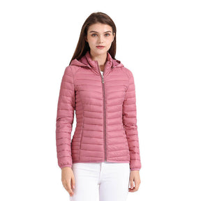 Womens Short Down Jacket Stand Collar Lightweight Removable Cap-DouShaPink