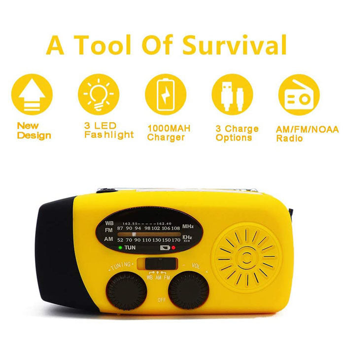 Weather Radio Hand Crank Self Powered Solar Emergency Radios With LED Flashlight-Yellow