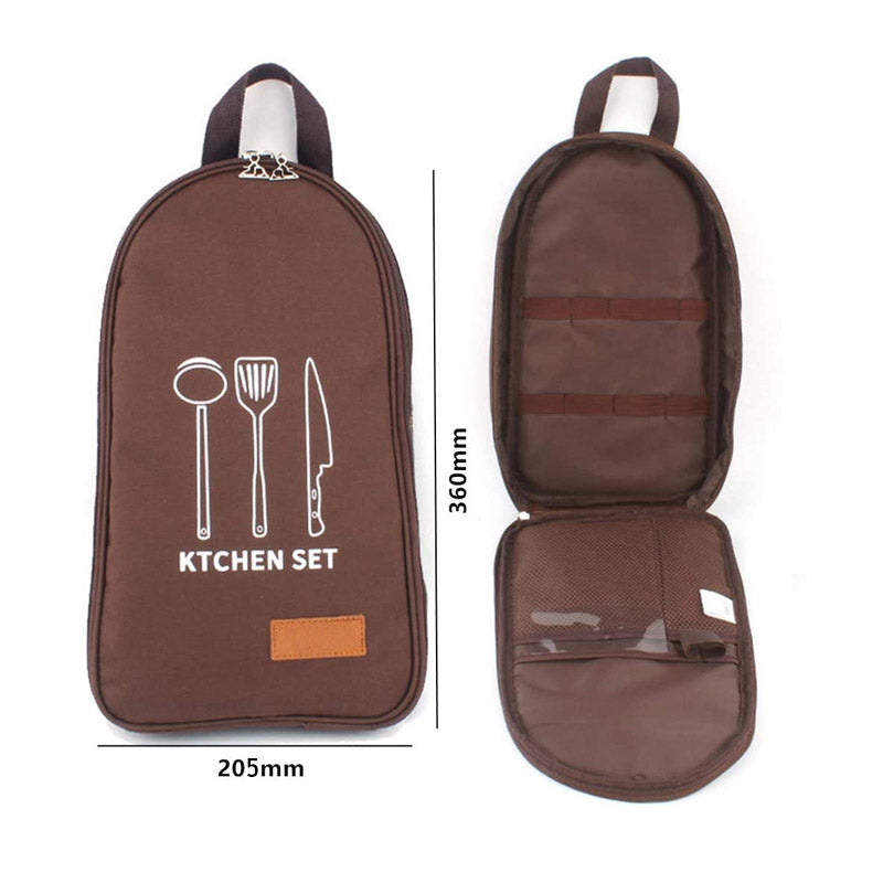 Cooking Utensils Organizer Travel Bag Portable Pouch for BBQ Camp Kitchen Kit-Brown