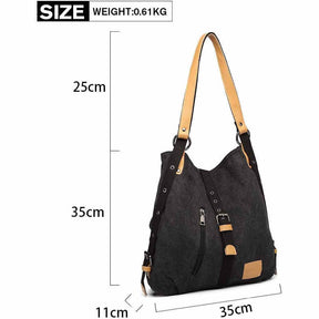 Women Canvas Bag Casual Backpack Vintage Shoulder Bag-Black