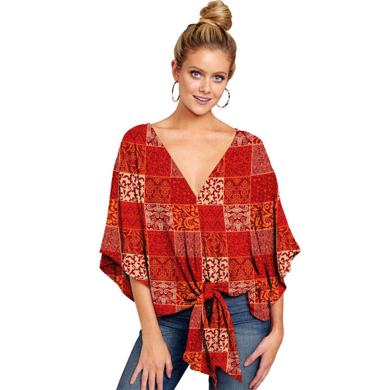 Boho Womens Blouse V Neck Tie Knot 3/4 Sleeve Summer Casual Tops-Red1