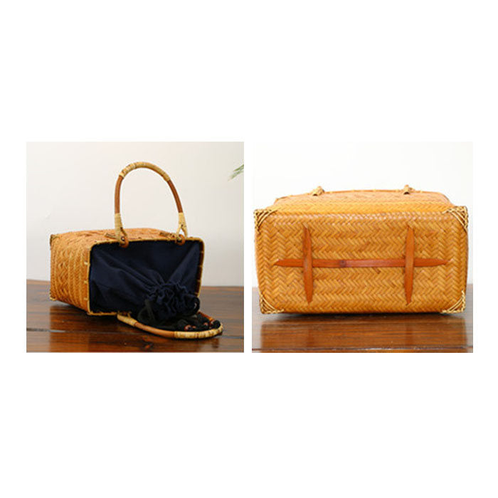 Retro Womens Bamboo Handbag Handmade Large Tote Bag Wicker Basket Bag-Orange