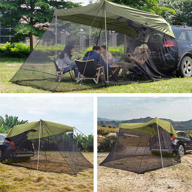 Portable Car Awning Sun Shelter with Mosquito Net for Camping-ArmyGreen