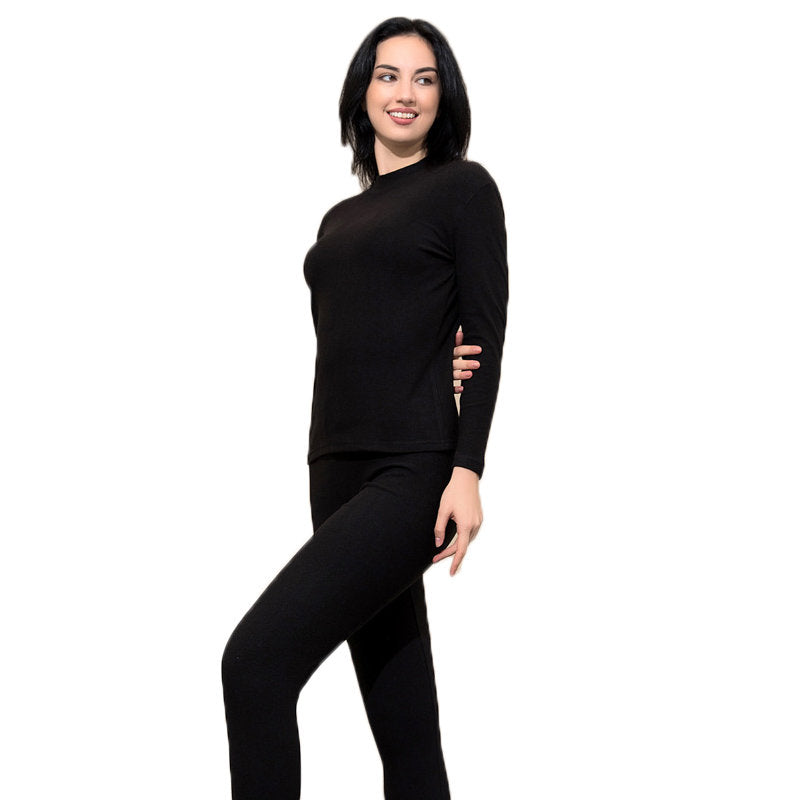 Womens Soft Thermal Underwear Set Plush Lined Half Turtleneck-Black