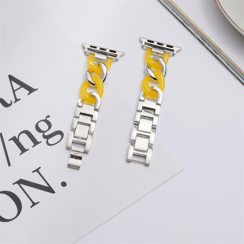 Fashion Resin Watch Band Bracelet Stitching Strap for Apple Watch Series SE/6/5/4/3/2/1-Silver+Yellow