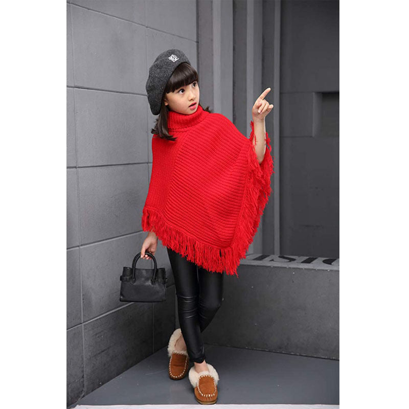 Girls Fall Loose Knitted Pullover Sweaters Poncho Tassel Turtleneck Cloak Cape-Red