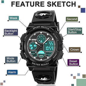 LED Multi Function Sports Waterproof Watch for Kids-Black