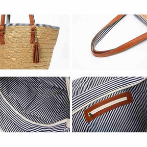 Straw Beach Tote Tassels Bag Summer Handwoven Shoulder Bags with Pom Poms