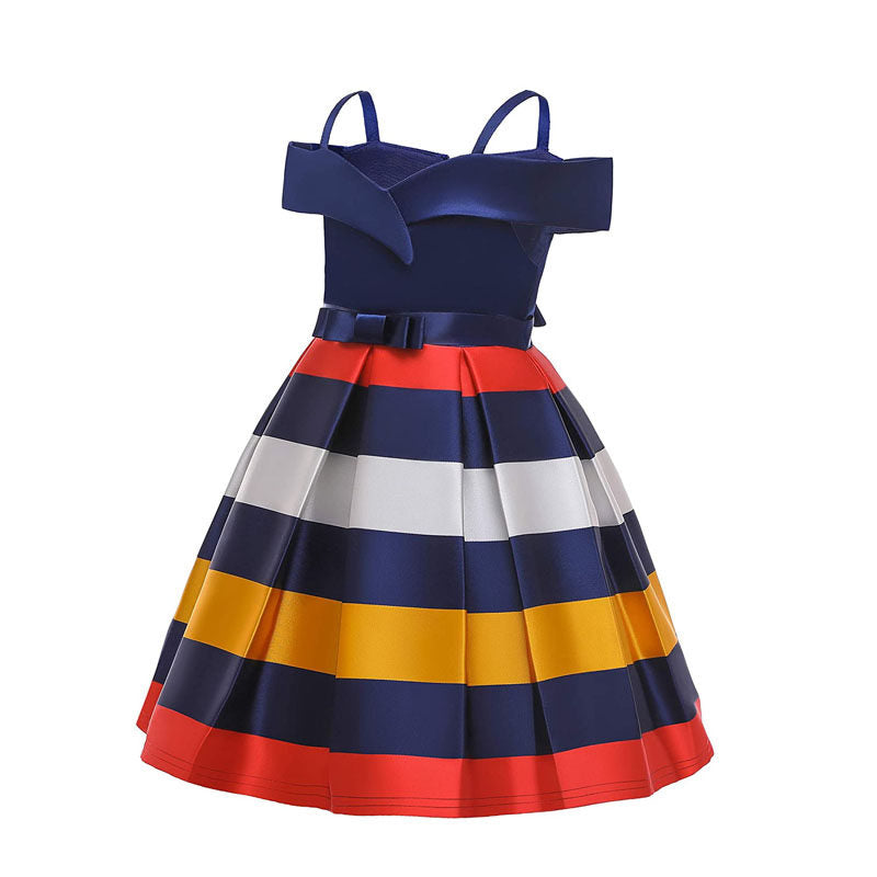Flower Girls Elegant Dresses Toddler Wedding Pageant Off Shoulder Stripe Dress-Blue