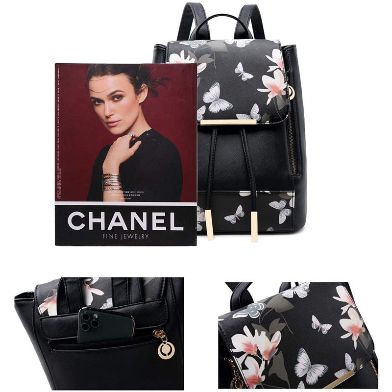 Fashion PU Leather Women Backpack Anti-theft Travel Bag-Flower Black