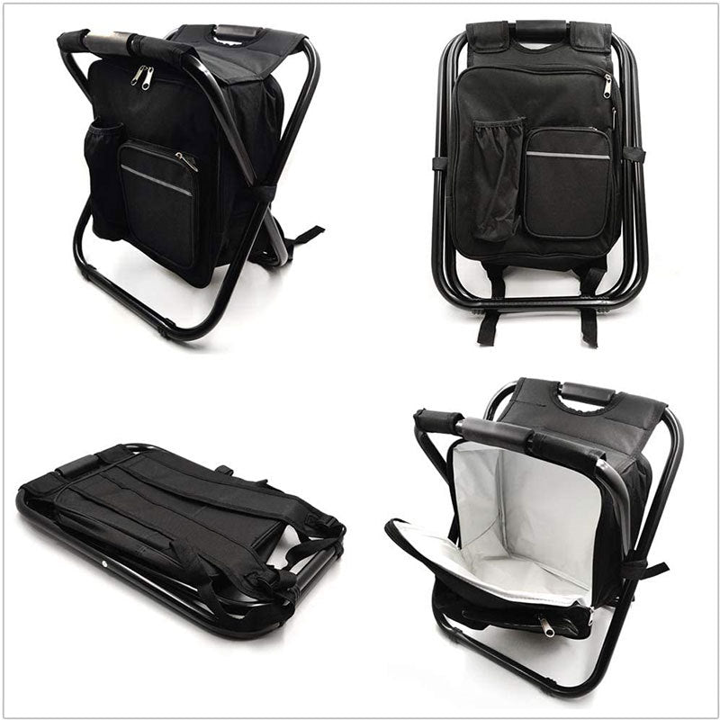 Backpack Cooler Chair Folding Camping Stool for Travel Fishing-Black