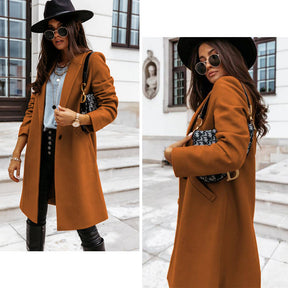 Elegant Womens Coat Lapel Solid Button Down Warm Long Outwear-Brown