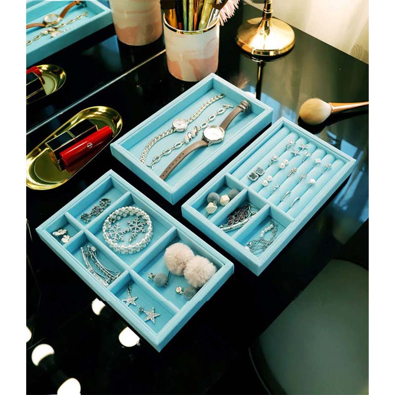 Jewelry Boxes for Women with 3 Drawers Velvet Jewelry Organizer for Earring Necklace Storage-Blue