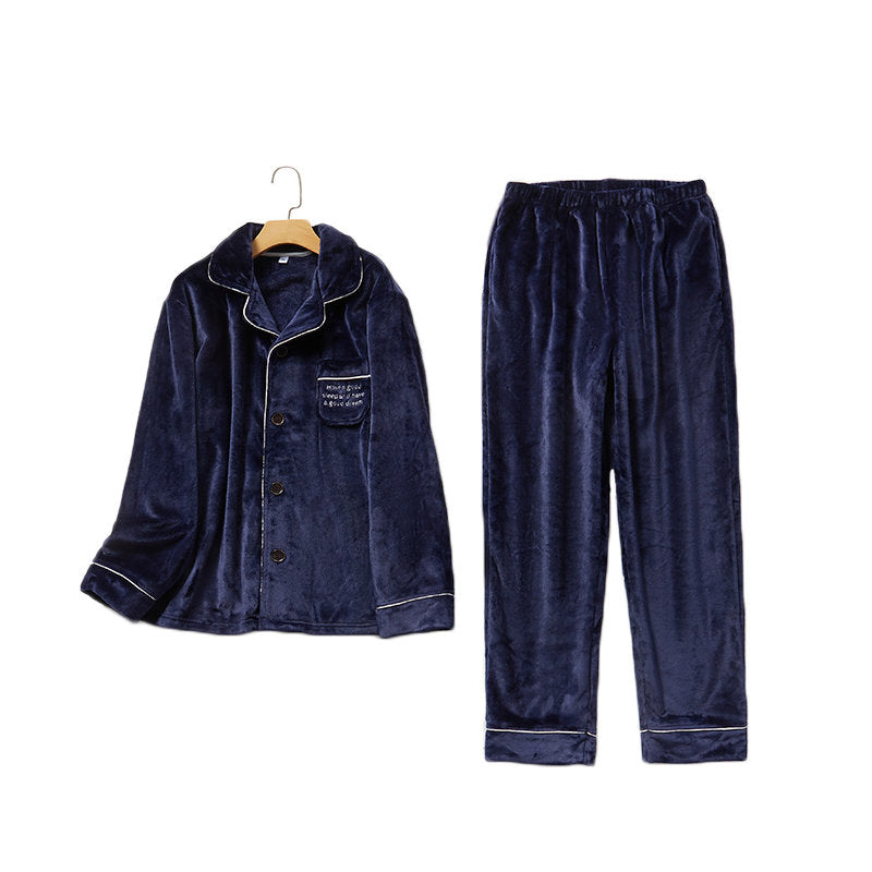 Thicken Warm Flannel Pajamas Set Homewear-Navy Blue