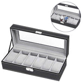 6 Slot Leather Watch Box Display Case Organizer Glass Jewelry Storage Black