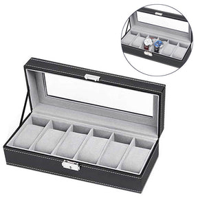 6 Slot Leather Watch Box Display Case Organizer Glass Jewelry Storage Black
