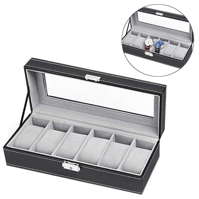 6 Slot Leather Watch Box Display Case Organizer Glass Jewelry Storage Black