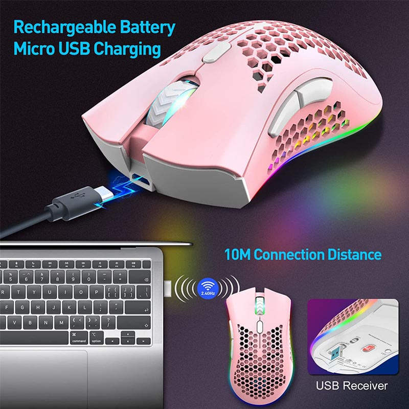 2.4G Wireless Lightweight Gaming Mouse with RGB Backlit Adjustable DPI-Pink