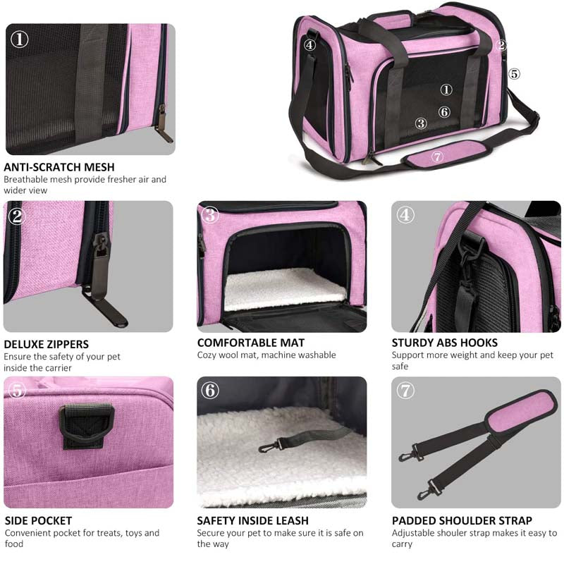 Pet Travel Bag for Small Medium Cats Dogs Puppies Soft Sided Collapsible Puppy Carrier-Pink