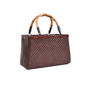 Retro Womens Bamboo Handbag Handmade Large Tote Bag Wicker Basket Bag-Brown