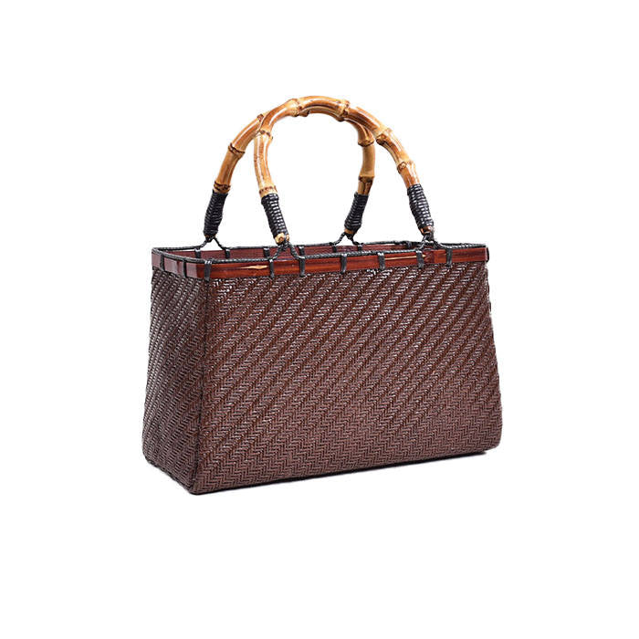 Retro Womens Bamboo Handbag Handmade Large Tote Bag Wicker Basket Bag-Brown