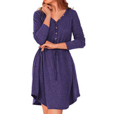 Ladies Casual V Neck Button Long Sleeve Tunic Dress-DarkBlue