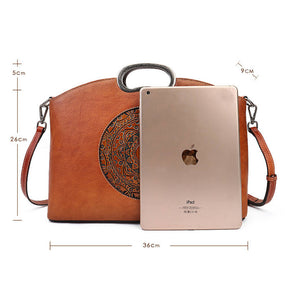 Leather Handbags for Women Vintage Embossing Totem Shoulder Bag-Brown