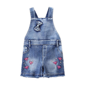 Summer Little Girls Casual Cotton Denim Bib Braces Rompers-Blue