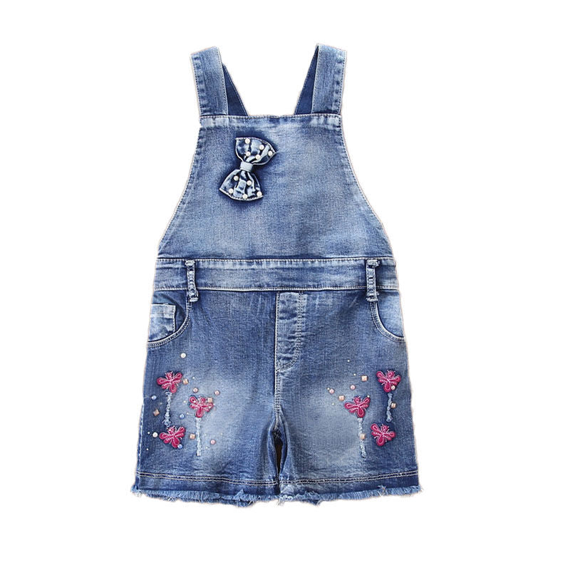 Summer Little Girls Casual Cotton Denim Bib Braces Rompers-Blue